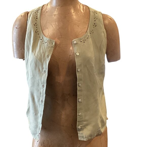 Linen Blend Sleeveless Button Up Top Eyelet Cutouts Neck S by Cherokee #1P - Picture 5 of 8